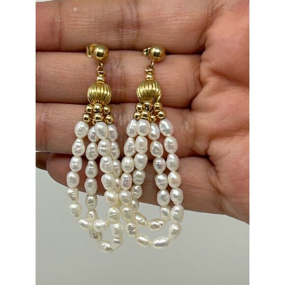 IPS 14K Gold Beads and Pearls Dangling Earrings - Picture 2 of 8
